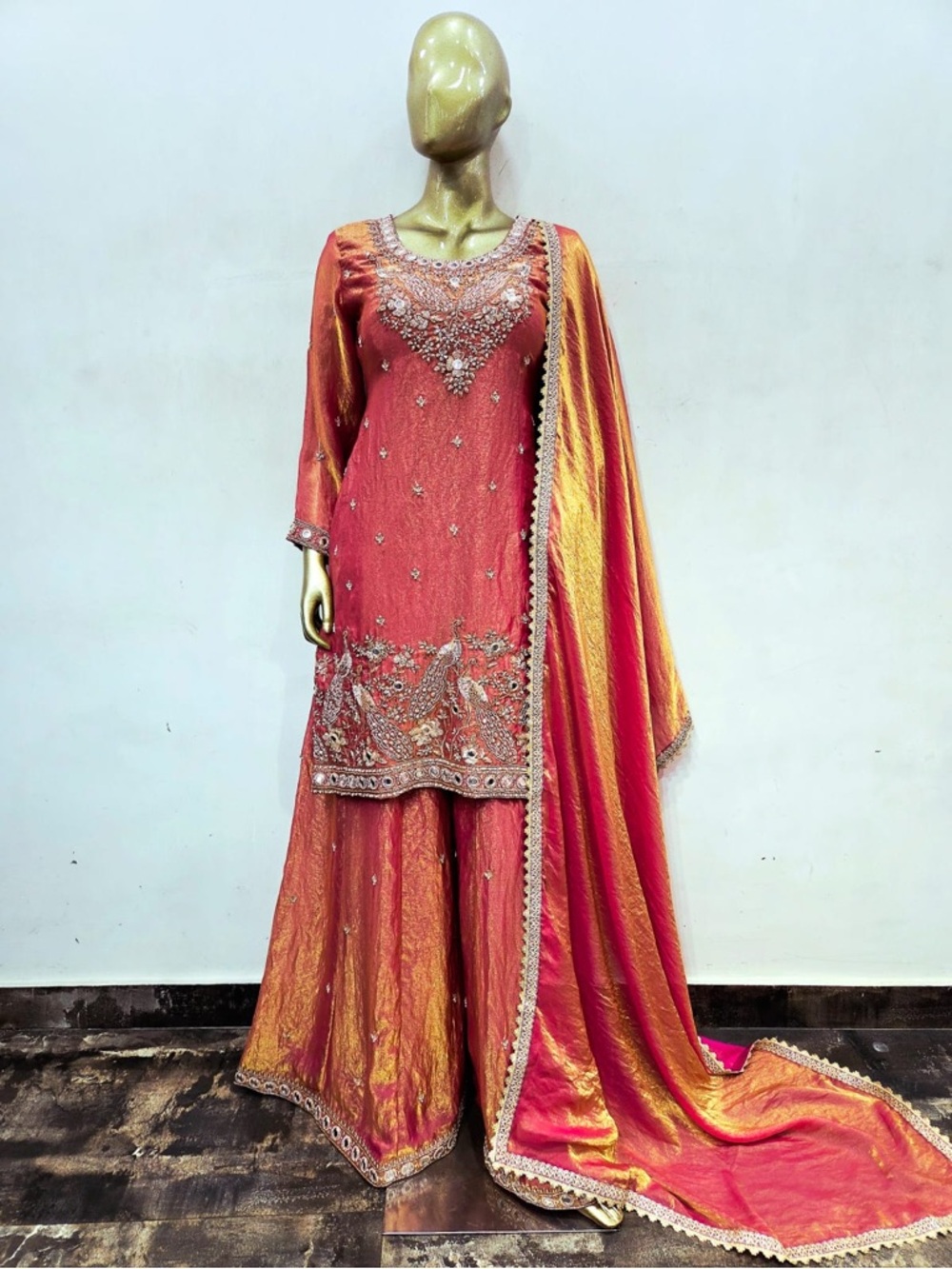 Fendi silk Coral-Orange Sharara Set with peacock embroidery